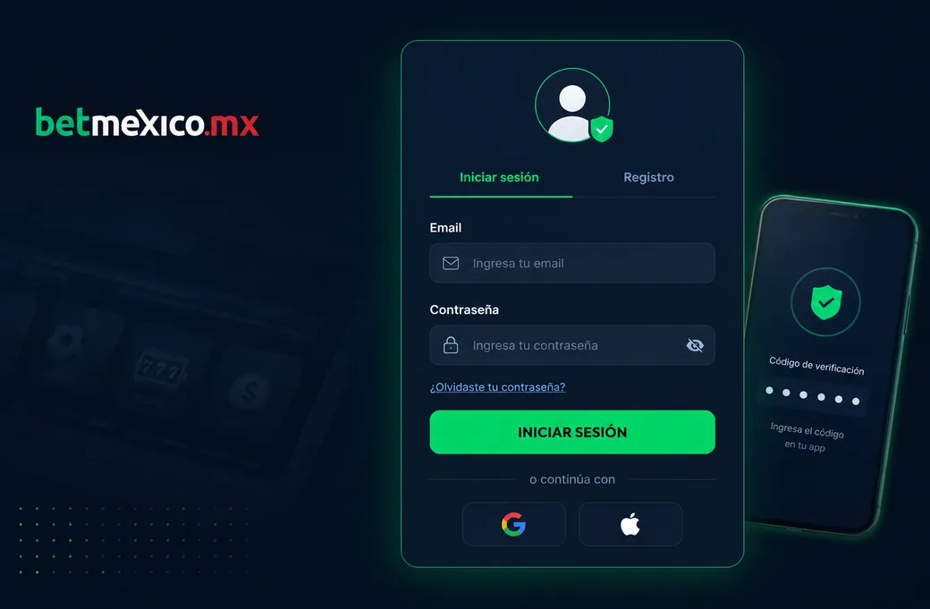 Pantalla de registro e inicio de sesión en la app de BetMexico